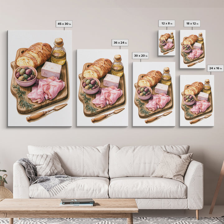Mediterranean Olives Bread and Cheese Board Canvas Print, Restaurant Art, Bedroom Wall Art, Restaurant Decor, Bistro, RES-2x3-89
