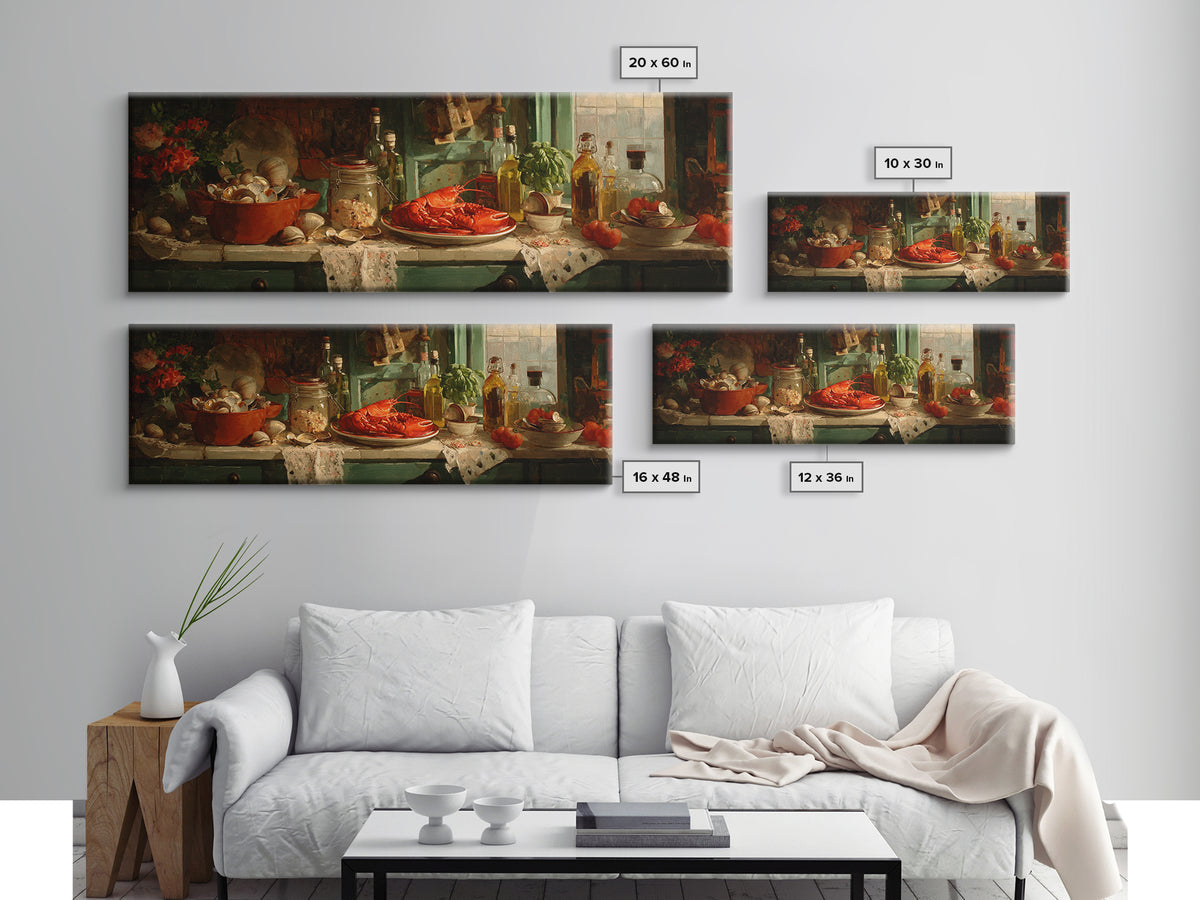 Seafood Lobster and Shell Arrangement Canvas Print, Restaurant Art, Cool Wall Art, Restaurant Decor, Fine Art, Bistro, RES-3x1-24