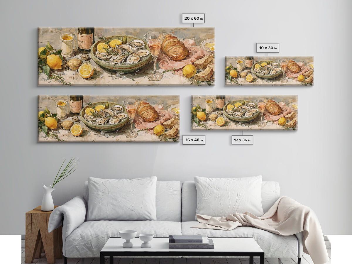 Oyster Platter with Lemons and Champagne Framed Canvas Print, Restaurant Art, Kitchen Wall Art, Restaurant Decor, Abstract Art, RES-3x1-67