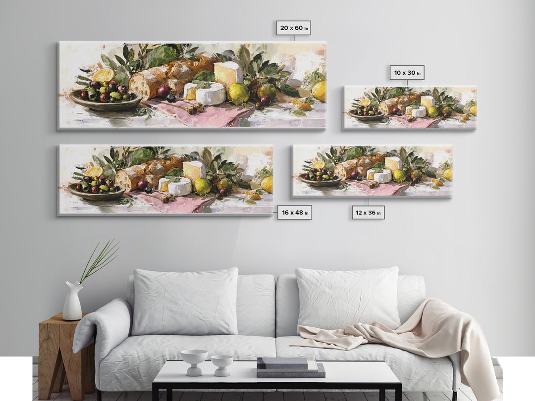 Mediterranean Olives Bread and Cheese Board Framed Canvas Print, Restaurant Art, Neutral Decor, Restaurant Decor, Bistro, RES-3x1-73