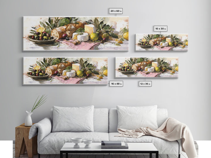 Mediterranean Olives Bread and Cheese Board Framed Canvas Print, Restaurant Art, Neutral Decor, Restaurant Decor, Bistro, RES-3x1-73