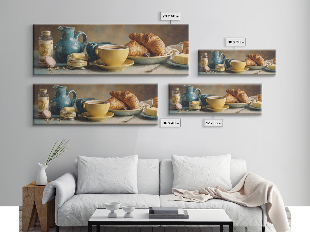 French Bistro Coffee and Croissant Still Life Canvas Print, Restaurant Art, Bedroom Wall Art, Restaurant Decor, Watercolor Art, RES-3x1-94