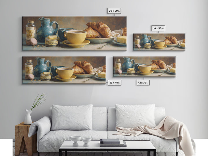 French Bistro Coffee and Croissant Still Life Canvas Print, Restaurant Art, Bedroom Wall Art, Restaurant Decor, Watercolor Art, RES-3x1-94