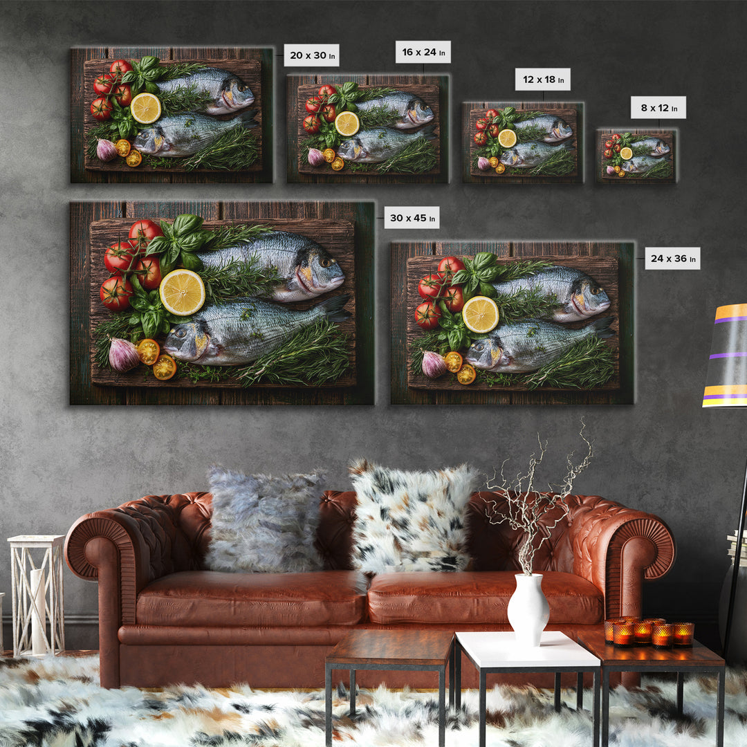 Fresh Fish with Lemon and Herbs Framed Canvas Print, Restaurant Art, Gallery Decor, Restaurant Decor, Fine Art, Bistro, RES-3x2-27
