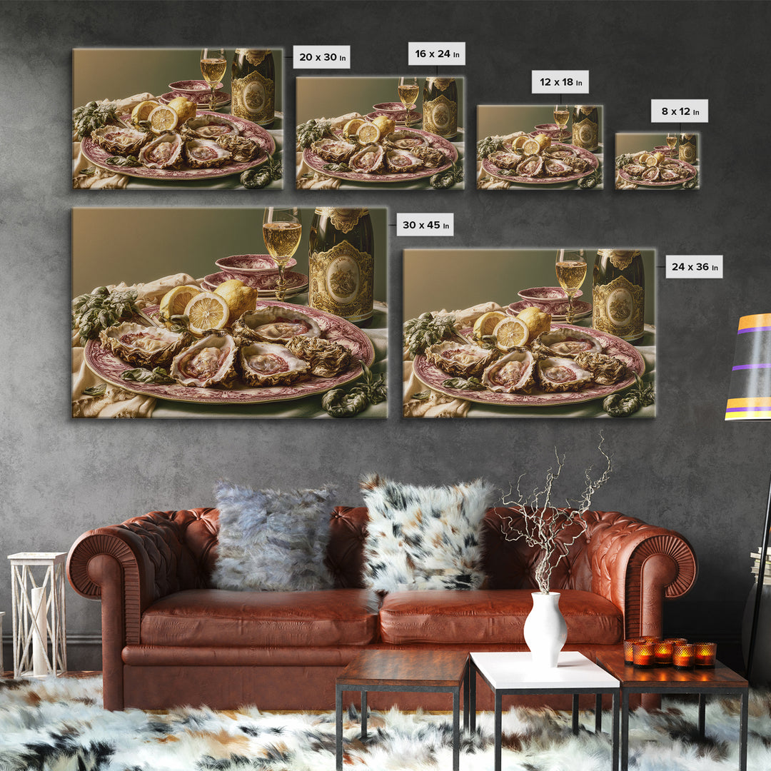 Oyster Platter with Lemons and Champagne Framed Canvas Print, Restaurant Art, Statement Artwork, Restaurant Decor, Bistro, RES-3x2-31