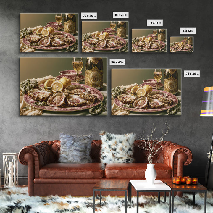 Oyster Platter with Lemons and Champagne Framed Canvas Print, Restaurant Art, Statement Artwork, Restaurant Decor, Bistro, RES-3x2-31