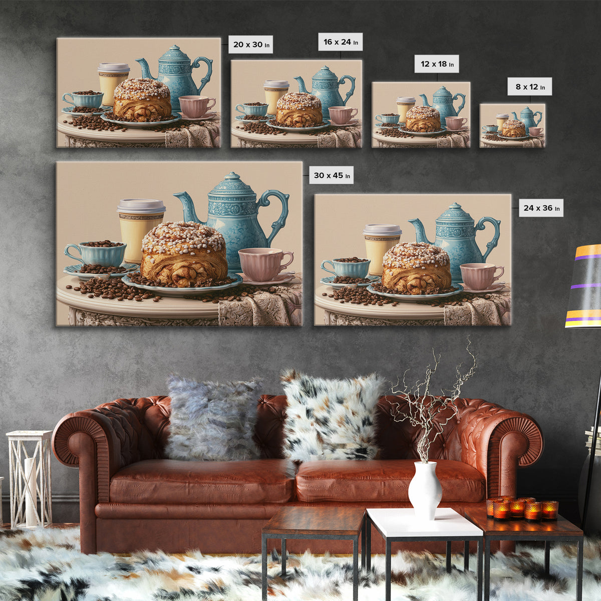 Coffee Beans and Pastry Arrangement Framed Canvas Print, Restaurant Art, Watercolor Painting, Restaurant Decor, Oil Painting, RES-3x2-50