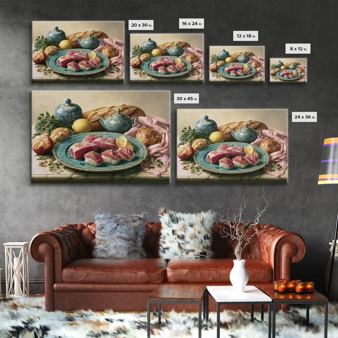 Sushi Fish and Ceramic Plate Composition Canvas Print, Restaurant Art, Cool Wall Art, Restaurant Decor, Fine Art, Bistro, RES-3x2-57