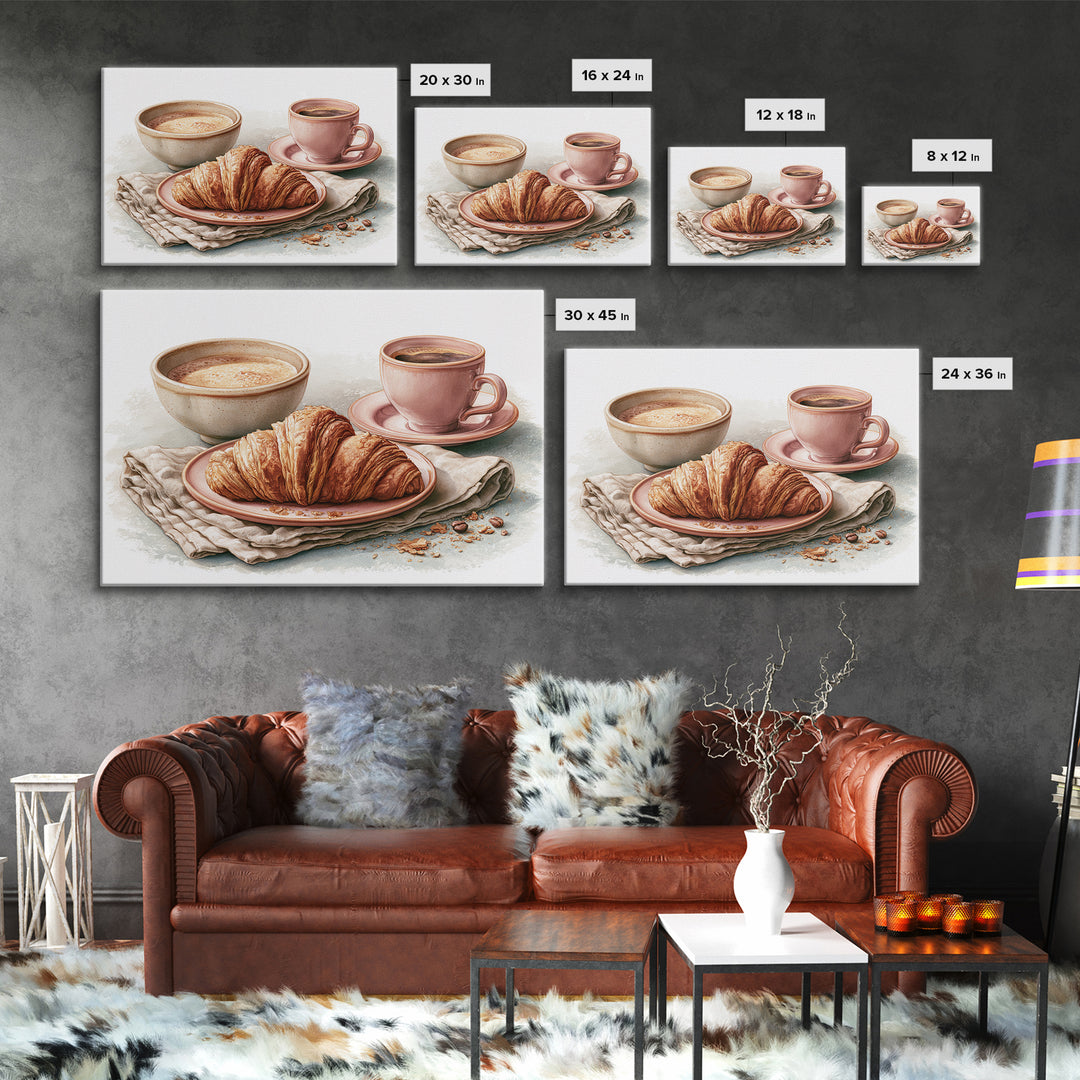 French Bistro Coffee and Croissant Still Life Canvas Print, Restaurant Art, Bedroom Wall Art, Restaurant Decor, Watercolor Art, RES-3x2-58