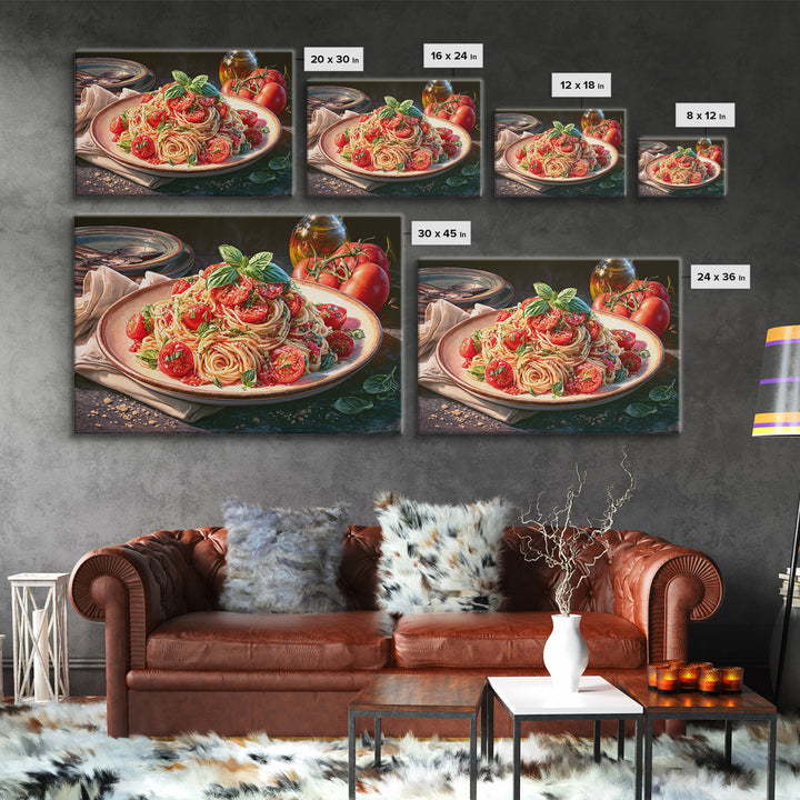 Fresh Pasta with Tomatoes and Basil Framed Canvas Print, Restaurant Art, Kitchen Art, Restaurant Decor, Fine Art, Bistro, RES-3x2-6