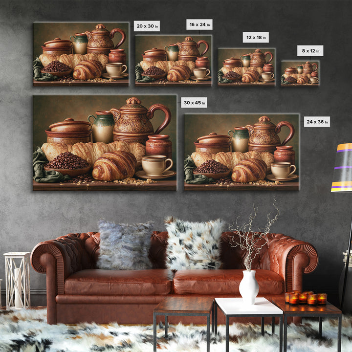 Coffee Beans and Pastry Arrangement Framed Canvas Print, Restaurant Art, Watercolor Painting, Restaurant Decor, Oil Painting, RES-3x2-74