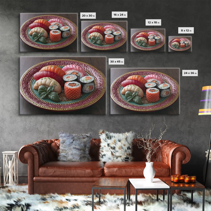 Sushi Fish and Ceramic Plate Composition Framed Canvas Print, Restaurant Art, Fine Art Print, Restaurant Decor, Bistro, RES-3x2-81
