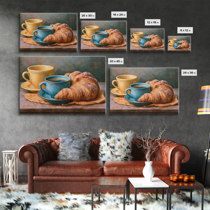 French Bistro Coffee and Croissant Still Life Framed Canvas Print, Restaurant Art, Food Art, Restaurant Decor, Oil Painting, RES-3x2-82