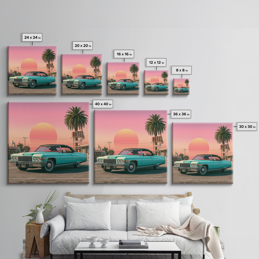 Classic Convertible at Pink Sunset Canvas Print, Retro Art, Whimsical Decor, Living Room Decor, Fine Art, Retro, Modern Decor, RET-1x1-10