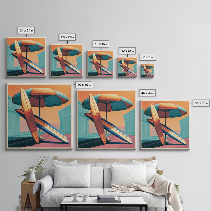 Retro Beach Umbrella and Surfboard Canvas Print, Retro Art, Printable Art, Living Room Decor, Fine Art, Retro, Funky Wall Art, RET-1x1-18