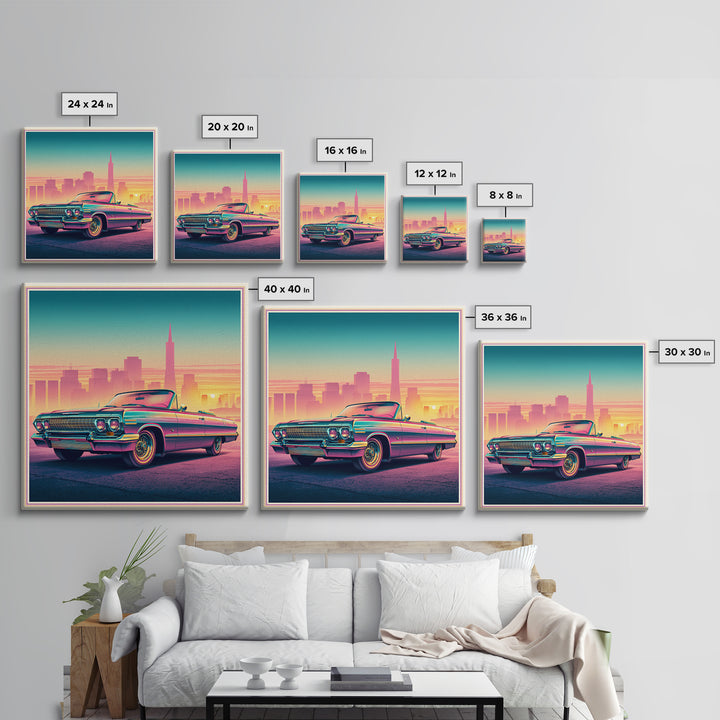 Classic Convertible at Pink Sunset Framed Canvas Print, Retro Art, Bedroom Wall Art, Living Room Decor, Watercolor Art, Retro, RET-1x1-34