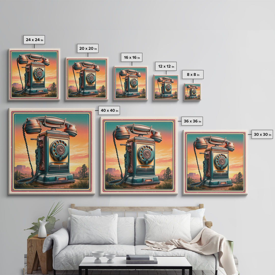 Old Telephone in Bold Color Field Framed Canvas Print, Retro Art, Wall Art Print, Living Room Decor, Fine Art, Retro, RET-1x1-46
