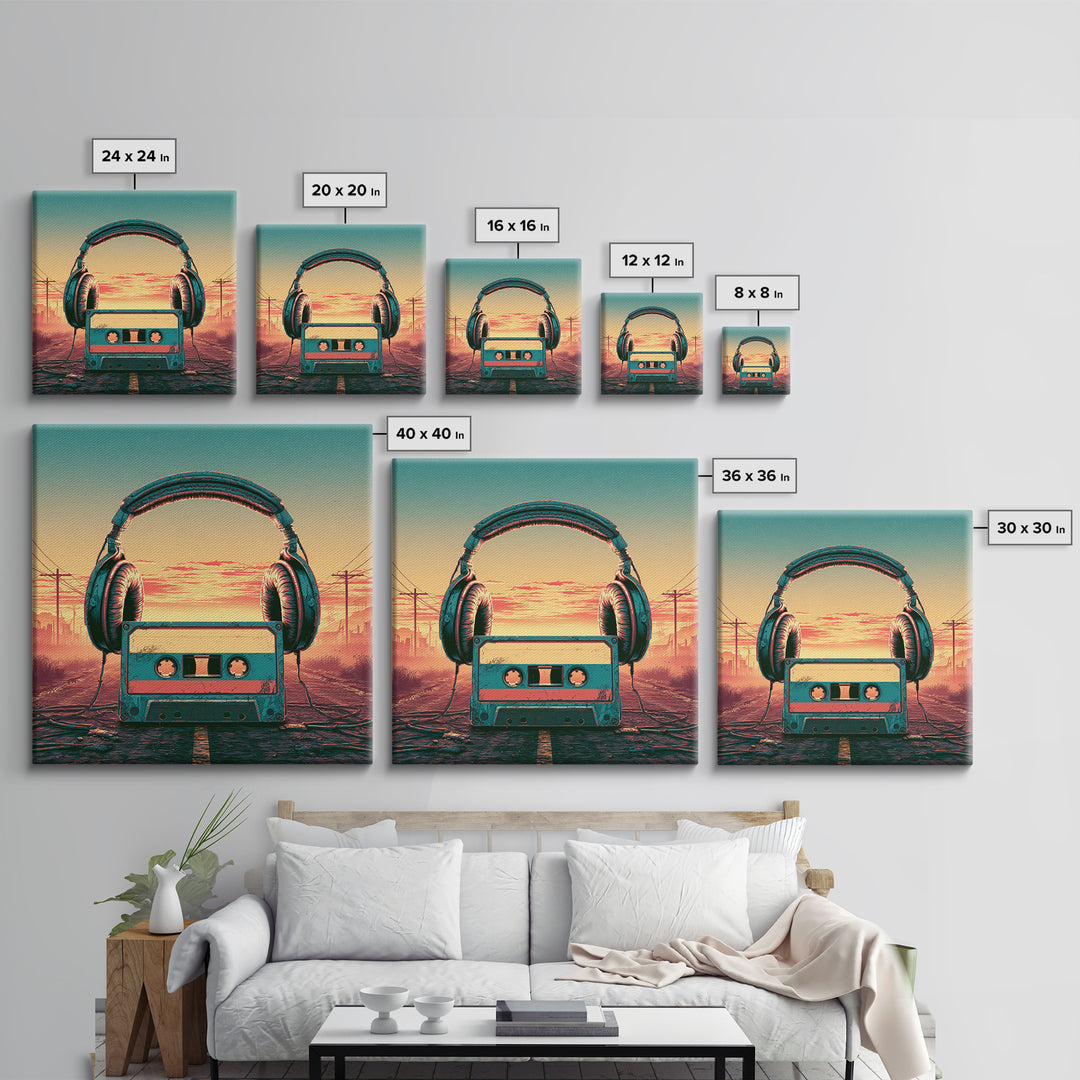 Cassette Tape and Headphones Graphic Canvas Print, Retro Art, Retro Wall Art, Living Room Decor, Oil Painting, Retro, RET-1x1-54