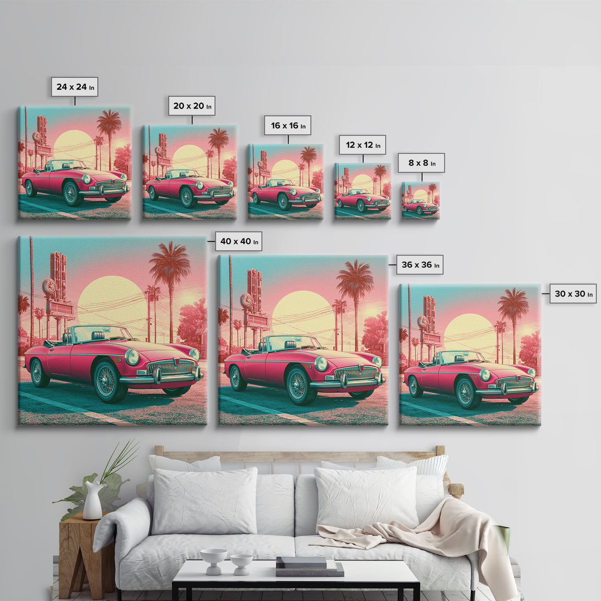 Classic Convertible at Pink Sunset Framed Canvas Print, Retro Art, Bedroom Wall Art, Living Room Decor, Watercolor Art, Retro, RET-1x1-58
