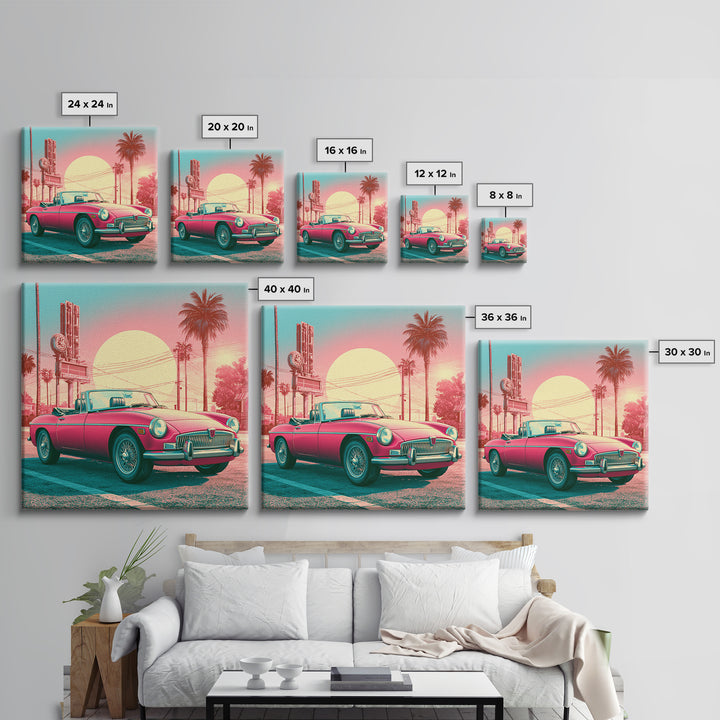 Classic Convertible at Pink Sunset Framed Canvas Print, Retro Art, Bedroom Wall Art, Living Room Decor, Watercolor Art, Retro, RET-1x1-58