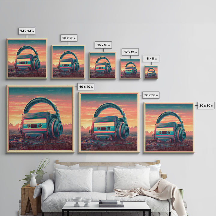 Cassette Tape and Headphones Graphic Framed Canvas Print, Retro Art, Gallery Decor, Living Room Decor, Fine Art, Retro, RET-1x1-78