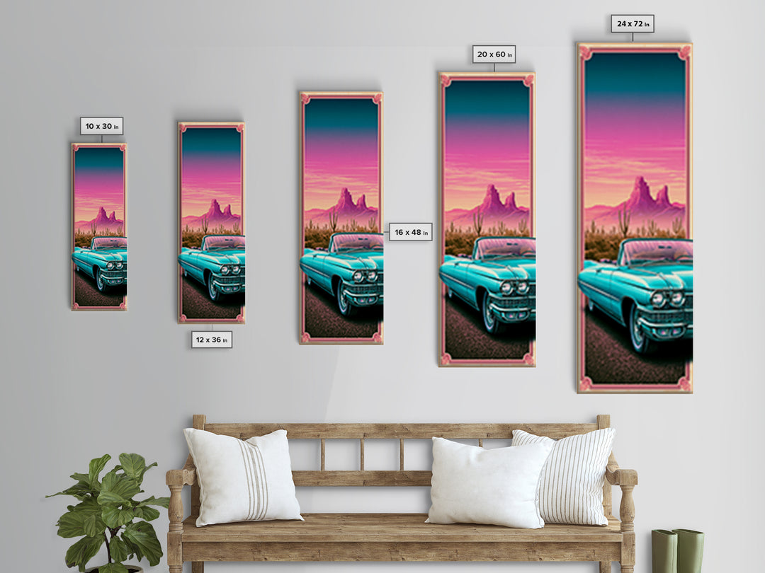 Classic Convertible at Pink Sunset Framed Canvas Print, Retro Art, Cat Art, Living Room Decor, Fine Art, Retro, RET-1x3-70