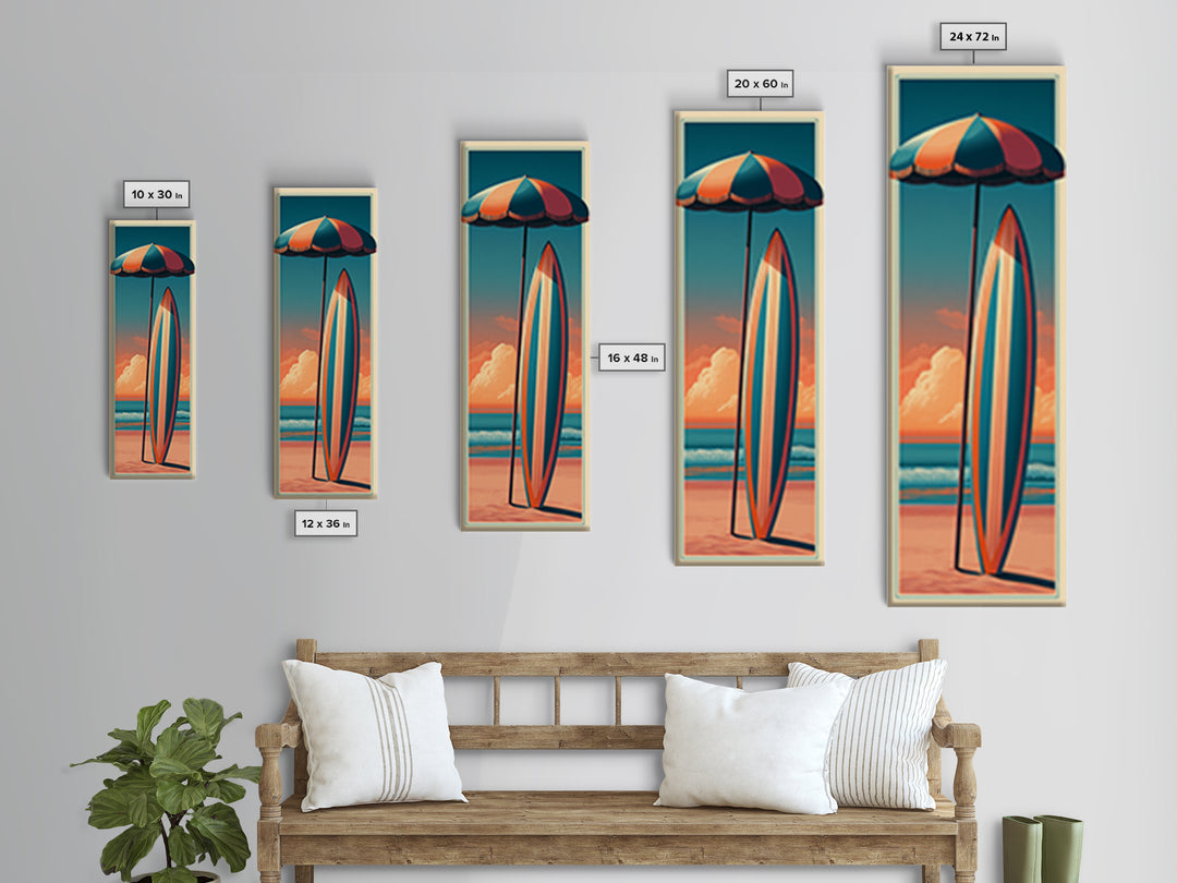 Retro Beach Umbrella and Surfboard Canvas Print, Retro Art, Floral Wall Art, Living Room Decor, Retro, Minimalist Decor, RET-1x3-78