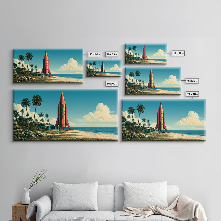 Space Age Rocket Poster Scene Framed Canvas Print, Retro Art, Fine Art Print, Living Room Decor, Fine Art, Retro, Wall Decor, RET-2x1-27