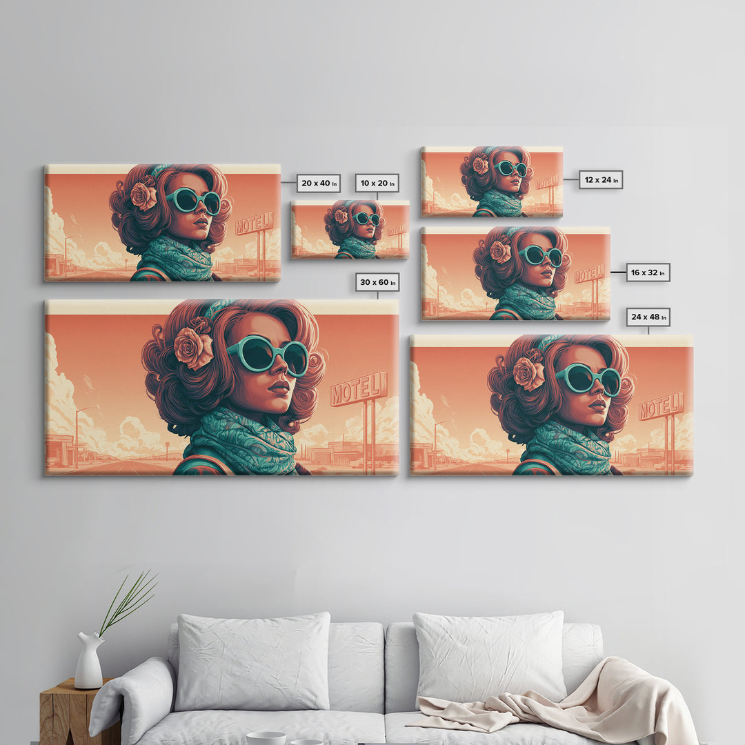 Mod Woman in Sunglasses and Scarf Framed Canvas Print, Retro Art, Minimalist Decor, Living Room Decor, Fine Art, Retro, RET-2x1-28