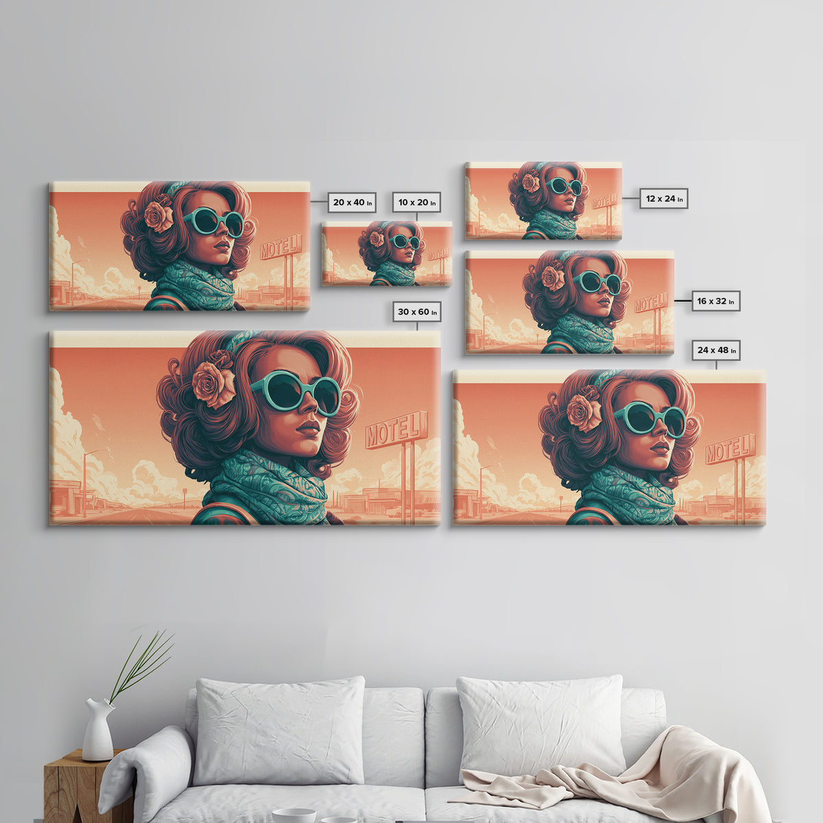 Mod Woman in Sunglasses and Scarf Framed Canvas Print, Retro Art, Minimalist Decor, Living Room Decor, Fine Art, Retro, RET-2x1-28