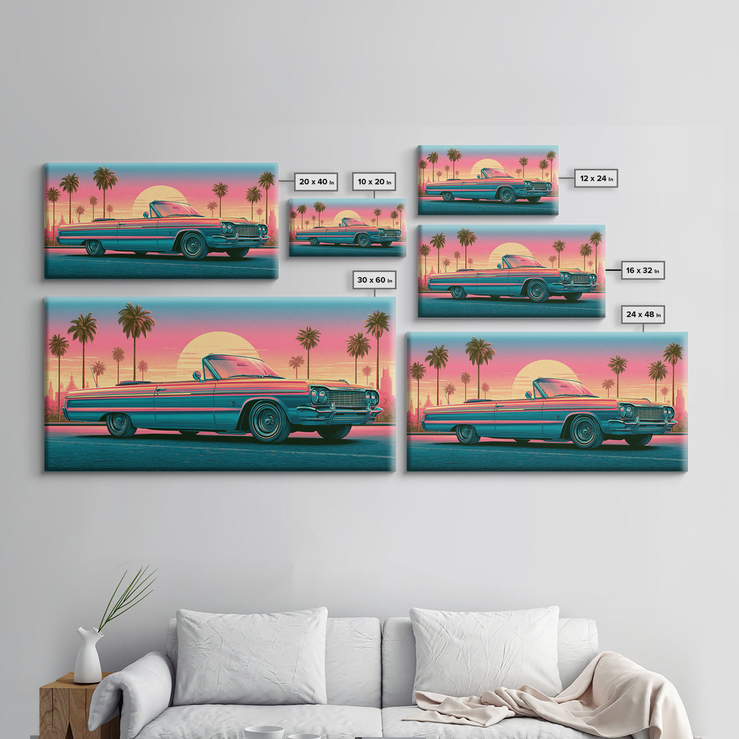 Classic Convertible at Pink Sunset Framed Canvas Print, Retro Art, Luxury Decor, Living Room Decor, Fine Art, Retro, RET-2x1-30
