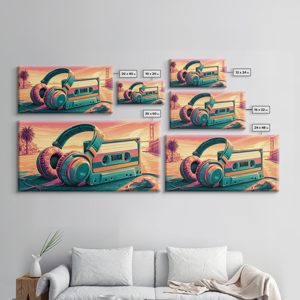 Cassette Tape and Headphones Graphic Framed Canvas Print, Retro Art, Minimalist Decor, Living Room Decor, Fine Art, Retro, RET-2x1-50