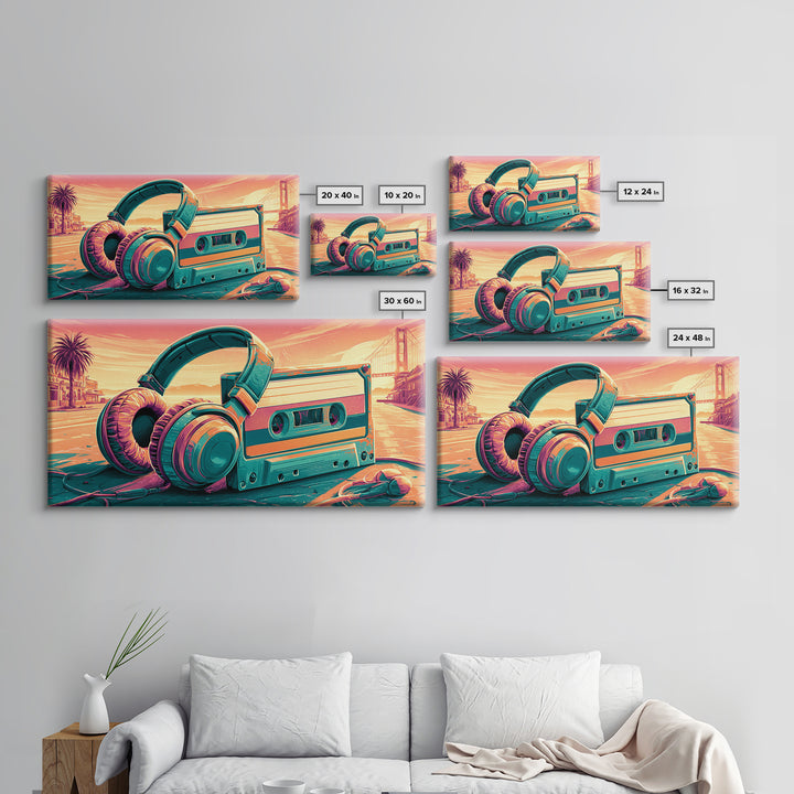 Cassette Tape and Headphones Graphic Framed Canvas Print, Retro Art, Minimalist Decor, Living Room Decor, Fine Art, Retro, RET-2x1-50