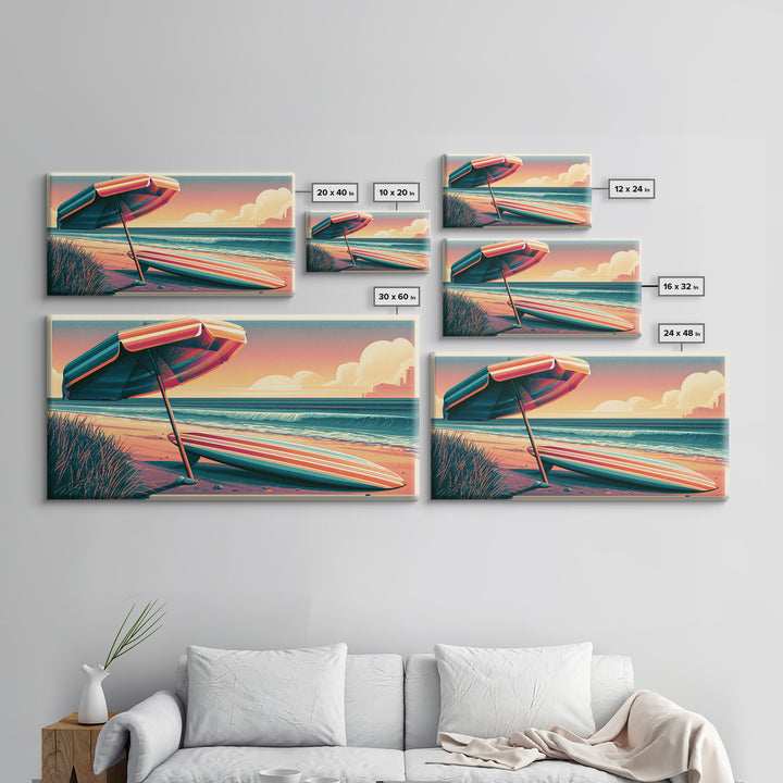Retro Beach Umbrella and Surfboard Canvas Print, Retro Art, Room Decor, Living Room Decor, Oil Painting, Retro, Wall Art Prints, RET-2x1-62