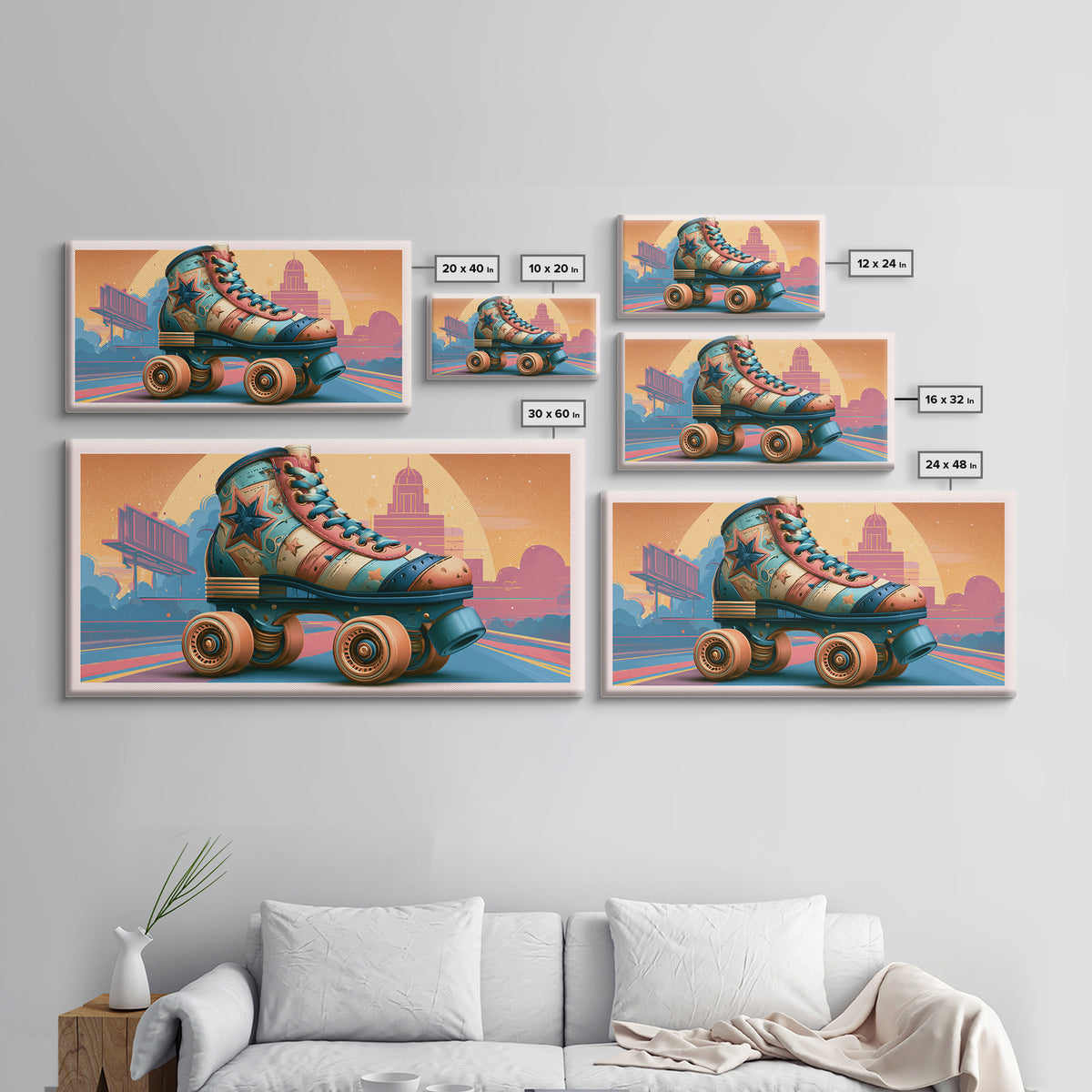 Retro Roller Skate Framed Canvas Print, Retro Art, Mid Century Modern, Living Room Decor, Fine Art, Retro, Dopamine Decor, RET-2x1-72