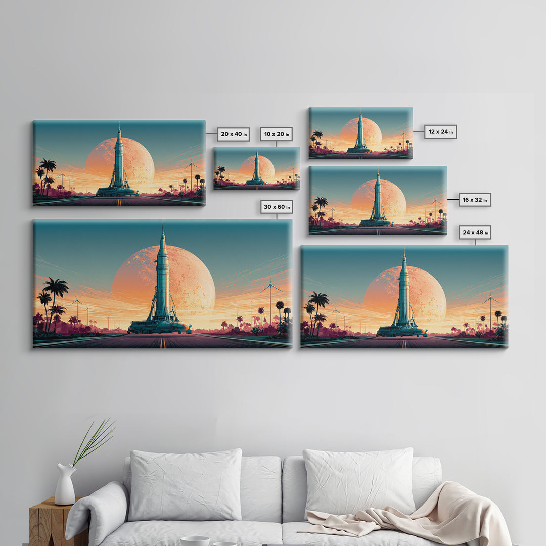 Space Age Rocket Poster Scene Framed Canvas Print, Retro Art, Boho Decor, Living Room Decor, Fine Art, Retro, Posters, RET-2x1-75