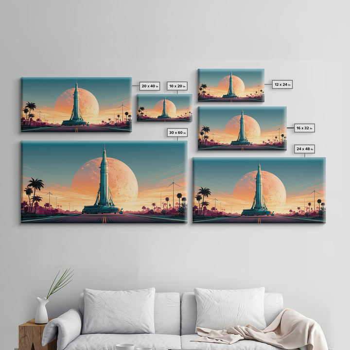 Space Age Rocket Poster Scene Framed Canvas Print, Retro Art, Boho Decor, Living Room Decor, Fine Art, Retro, Posters, RET-2x1-75