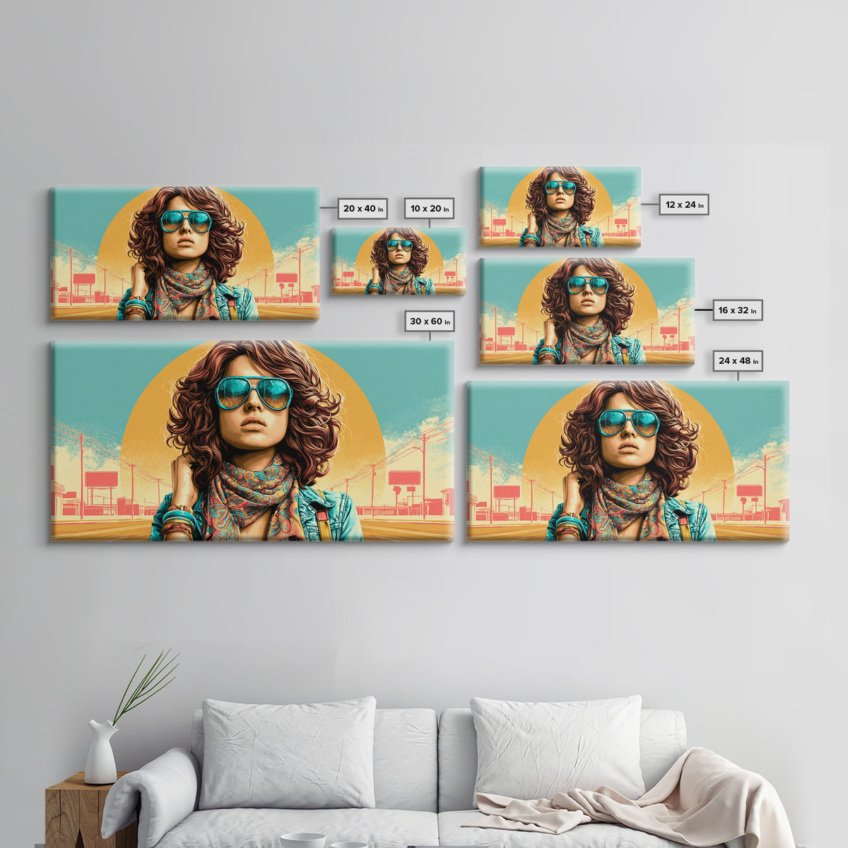 Mod Woman in Sunglasses and Scarf Canvas Print, Retro Art, Apartment Decor, Living Room Decor, Fine Art, Retro, Cat Art, RET-2x1-76