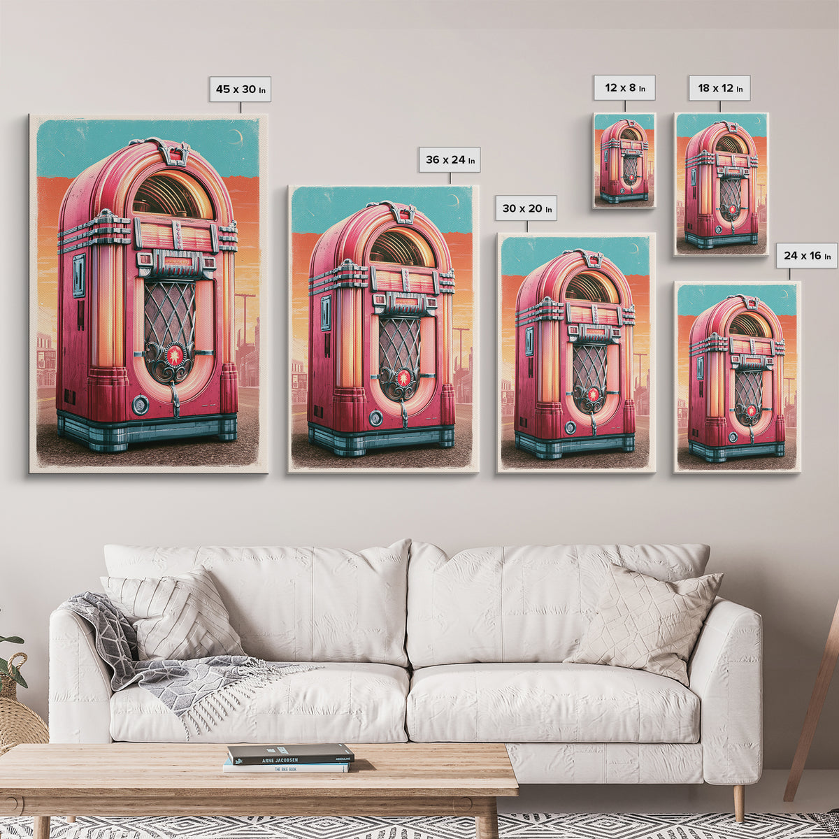 Jukebox Glowing in Red and Chrome Framed Canvas Print, Retro Art, Art Nouveau, Living Room Decor, Retro, Bedroom Wall Art, RET-2x3-28