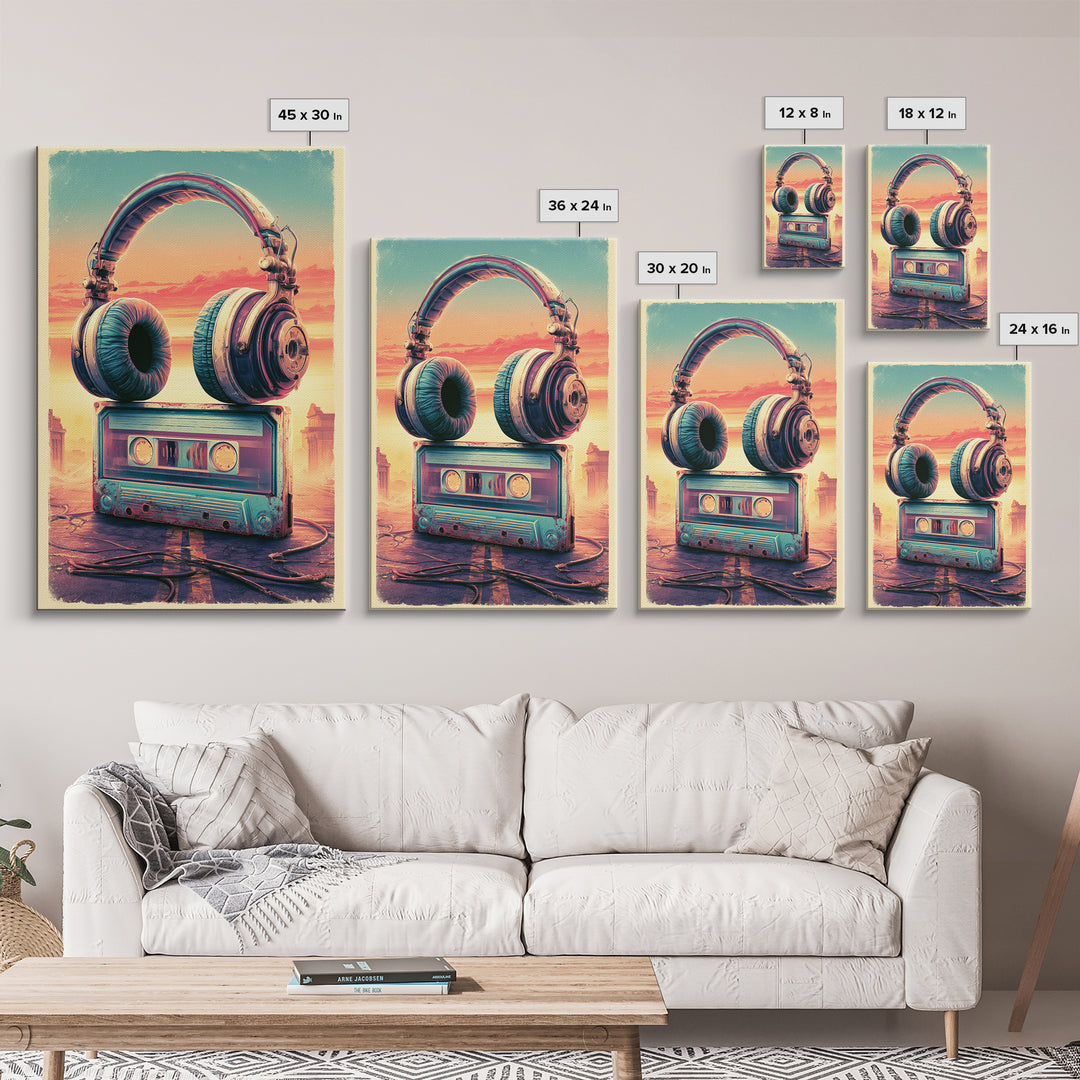 Cassette Tape and Headphones Graphic Framed Canvas Print, Retro Art, Wall Art, Living Room Decor, Fine Art, Retro, Original Art, RET-2x3-38