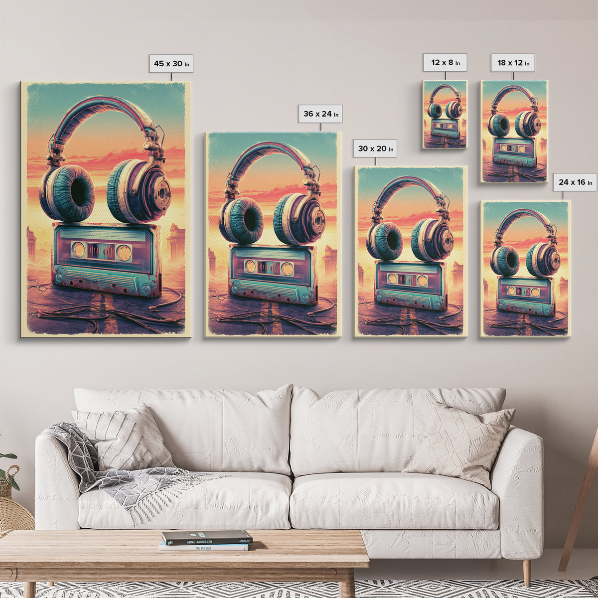 Cassette Tape and Headphones Graphic Framed Canvas Print, Retro Art, Wall Art, Living Room Decor, Fine Art, Retro, Original Art, RET-2x3-38