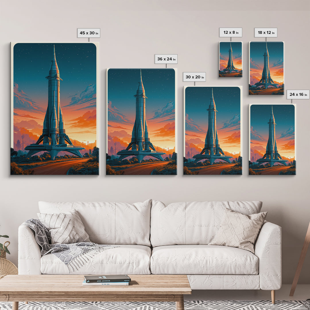 Space Age Rocket Poster Scene Framed Canvas Print, Retro Art, Posters, Living Room Decor, Fine Art, Retro, Printable Art, RET-2x3-63