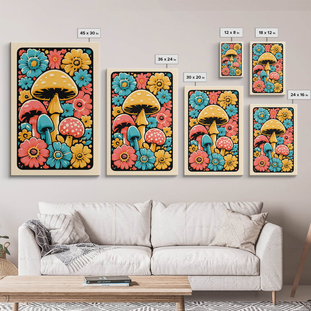 Funky Mushroom and Flower Pattern Canvas Print, Retro Art, Poster, Living Room Decor, Watercolor Art, Retro, Abstract Art, RET-2x3-79