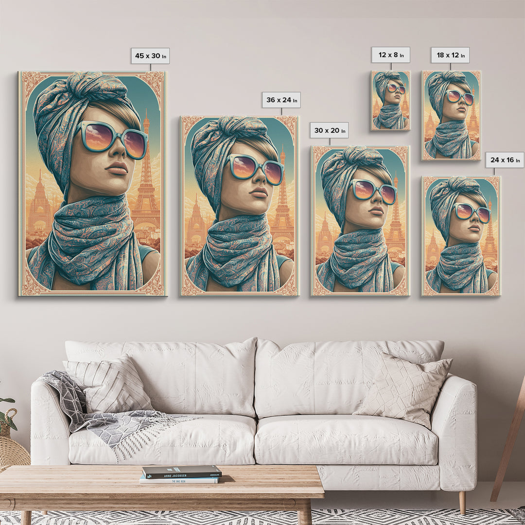 Mod Woman in Sunglasses and Scarf Framed Canvas Print, Retro Art, Printable Wall Art, Living Room Decor, Fine Art, Retro, RET-2x3-88
