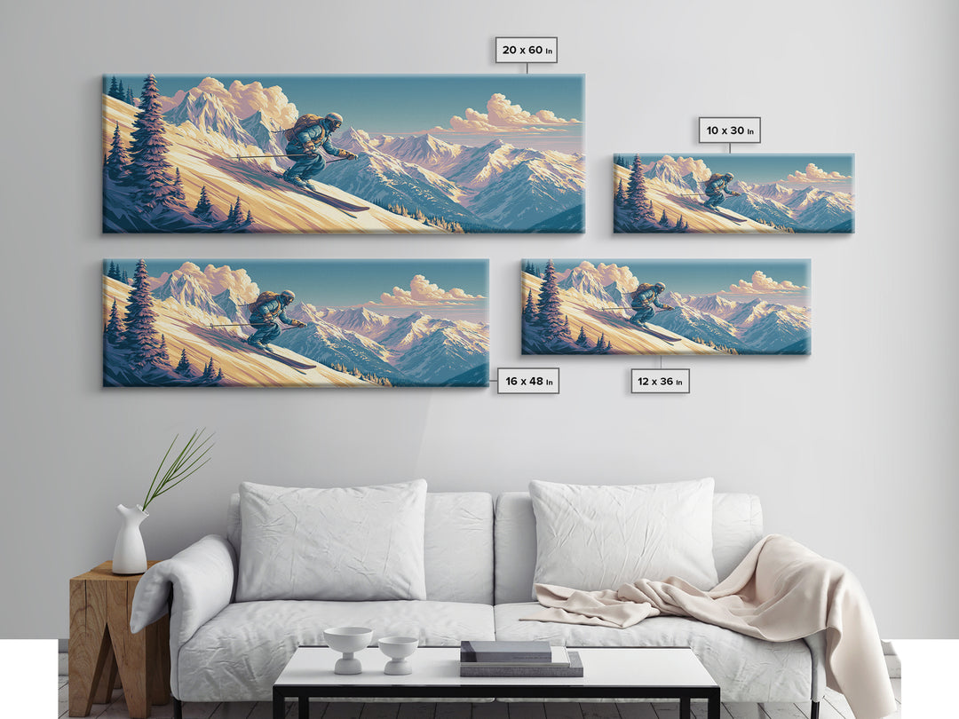 Retro Ski Poster Mountain Scene Canvas Print, Retro Art, Abstract Wall Art, Living Room Decor, Watercolor Art, Retro, RET-3x1-16