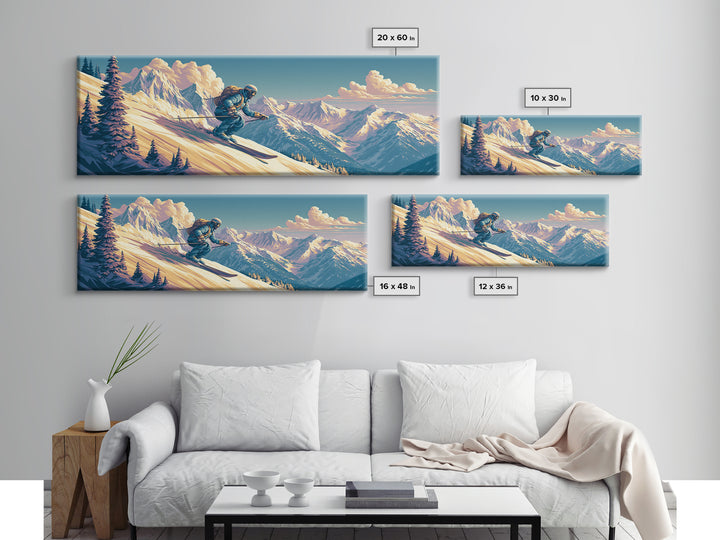 Retro Ski Poster Mountain Scene Canvas Print, Retro Art, Abstract Wall Art, Living Room Decor, Watercolor Art, Retro, RET-3x1-16