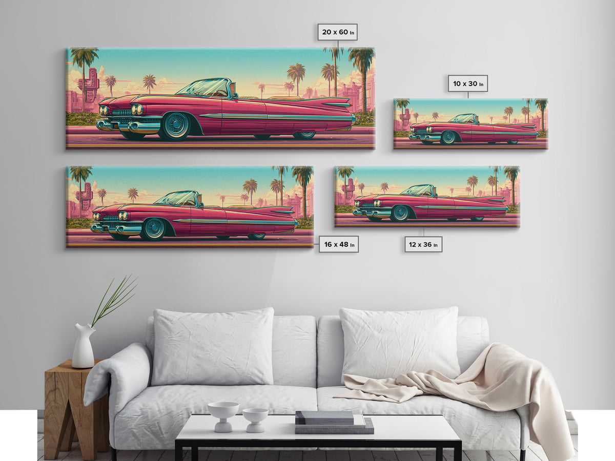 Classic Convertible at Pink Sunset Framed Canvas Print, Retro Art, Digital Prints, Living Room Decor, Fine Art, Retro, RET-3x1-2