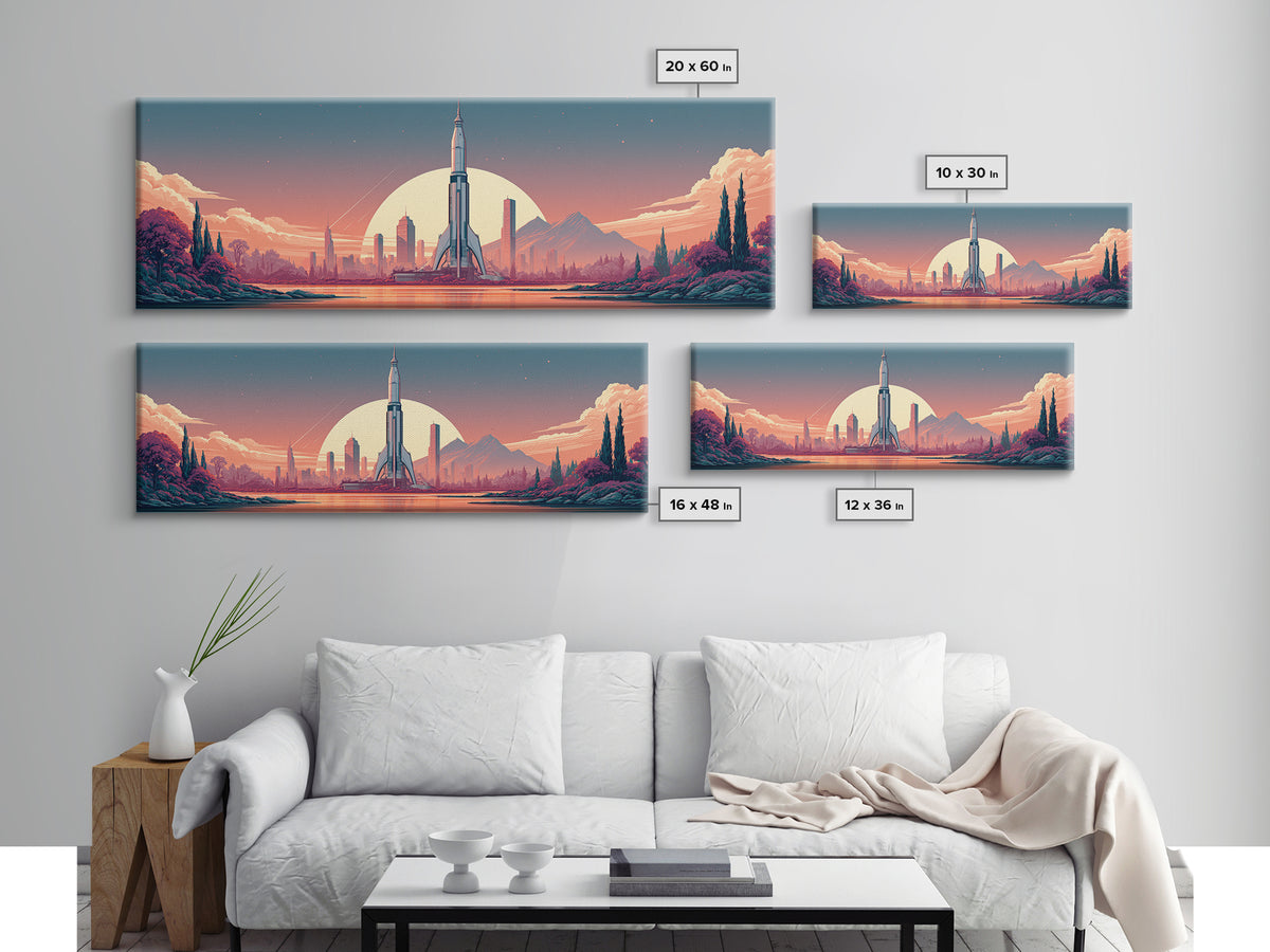 Space Age Rocket Poster Scene Framed Canvas Print, Retro Art, Wall Decor, Living Room Decor, Fine Art, Retro, Apartment Decor, RET-3x1-47