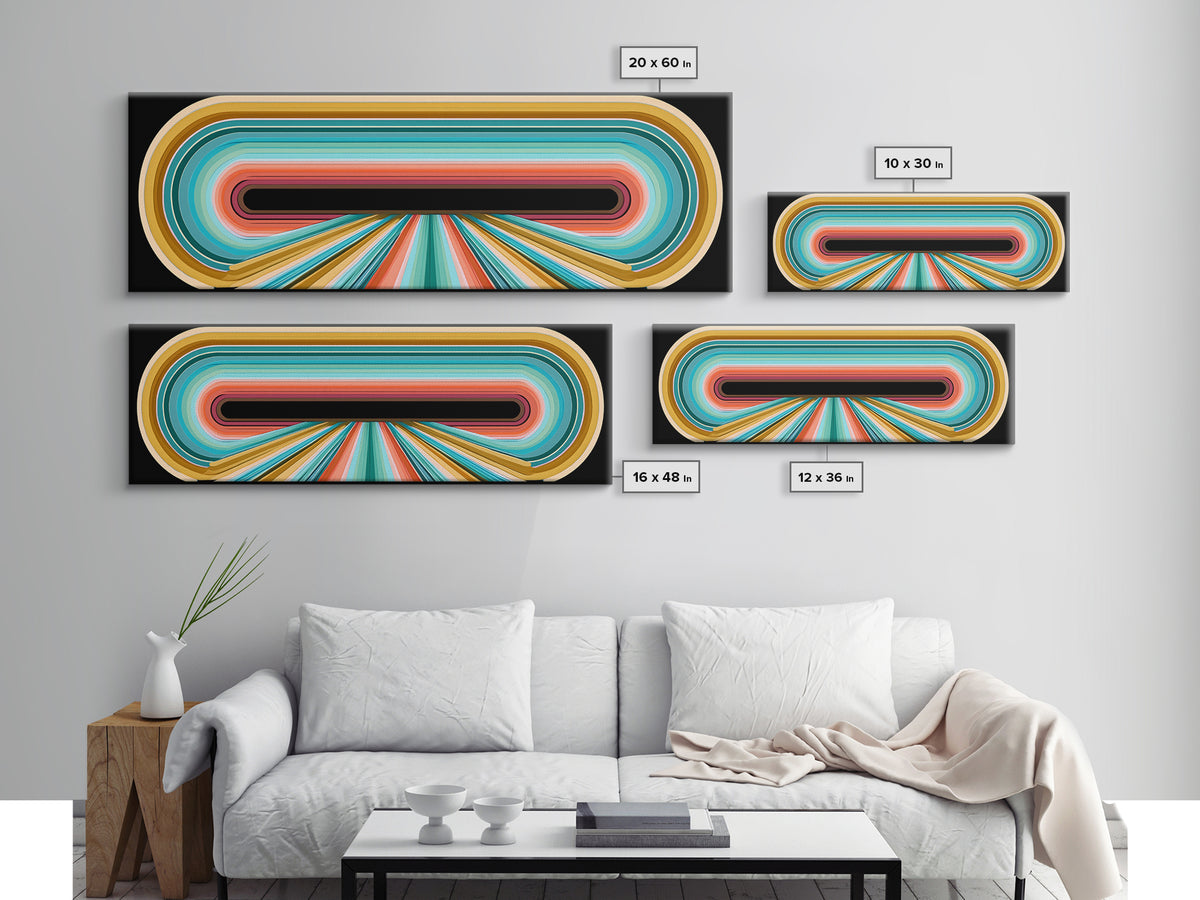70s Rainbow Arch Abstract Framed Canvas Print, Retro Art, Dopamine Decor, Living Room Decor, Abstract Art, Retro, RET-3x1-57
