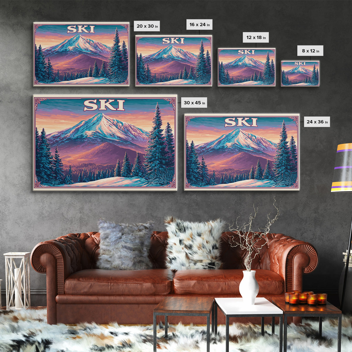 Retro Ski Poster Mountain Scene Framed Canvas Print, Retro Art, Fine Art Print, Living Room Decor, Fine Art, Retro, Wall Decor, RET-3x2-100